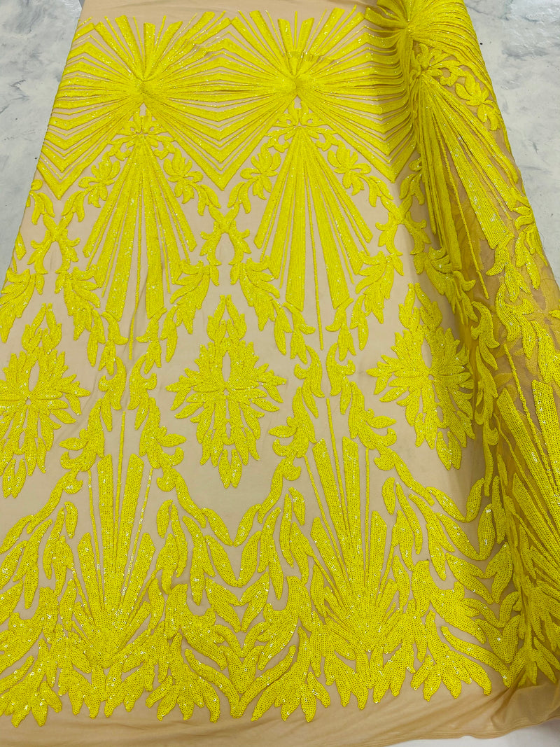 Yellow Sequins Lace Fabric On Nude Mesh, Geometric Design Embroidered On 4 way Stretch Sequin By The Yard -Prom-Gown ( Choose The Size )