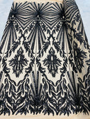 Black Sequins Lace Fabric On Nude Mesh, Geometric Design Embroidered On 4 way Stretch Sequin By The Yard -Prom-Gown ( Choose The Size )