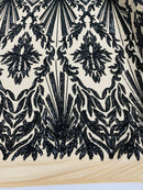 Black Sequins Lace Fabric On Nude Mesh, Geometric Design Embroidered On 4 way Stretch Sequin By The Yard -Prom-Gown ( Choose The Size )