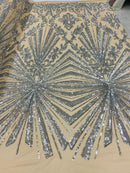 Silver Sequins Lace Fabric On Nude Mesh, Geometric Design Embroidered On 4 way Stretch Sequin By The Yard -Prom-Gown ( Choose The Size )