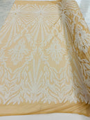 White Sequins Lace Fabric On Nude Mesh, Geometric Design Embroidered On 4 way Stretch Sequin By The Yard -Prom-Gown ( Choose The Size )