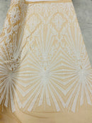 White Sequins Lace Fabric On Nude Mesh, Geometric Design Embroidered On 4 way Stretch Sequin By The Yard -Prom-Gown ( Choose The Size )