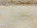White Sequins Lace Fabric On Nude Mesh, Geometric Design Embroidered On 4 way Stretch Sequin By The Yard -Prom-Gown ( Choose The Size )