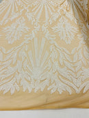 White Sequins Lace Fabric On Nude Mesh, Geometric Design Embroidered On 4 way Stretch Sequin By The Yard -Prom-Gown ( Choose The Size )