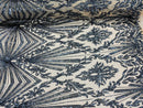 Charcoal Sequins Lace Fabric On Nude Mesh, Geometric Design Embroidered On 4 way Stretch Sequin By The Yard -Prom-Gown ( Choose The Size )