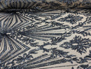 Charcoal Sequins Lace Fabric On Nude Mesh, Geometric Design Embroidered On 4 way Stretch Sequin By The Yard -Prom-Gown ( Choose The Size )