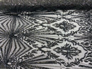 Black Sequins Lace Fabric On a Mesh, Geometric Design Embroidered On 4 way Stretch Sequin By The Yard -Prom-Gown ( Choose The Size )