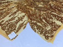 Gold Sequin, Damask Design - 4 Way Stretch Sequin Fabric Spandex Mesh-Prom-Gown By The Yard