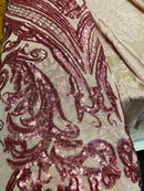Pink Sequin, Damask Design - 4 Way Stretch Sequin Fabric Spandex Mesh-Prom-Gown By The Yard