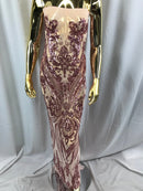 Pink Sequin, Damask Design - 4 Way Stretch Sequin Fabric Spandex Mesh-Prom-Gown By The Yard