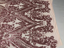 Pink Sequin, Damask Design - 4 Way Stretch Sequin Fabric Spandex Mesh-Prom-Gown By The Yard