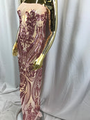 Pink Sequin, Damask Design - 4 Way Stretch Sequin Fabric Spandex Mesh-Prom-Gown By The Yard