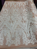 White Sequin, Blush Mesh Damask Design - 4 Way Stretch Sequin Fabric on a Spandex Mesh-Prom-Gown By The Yard