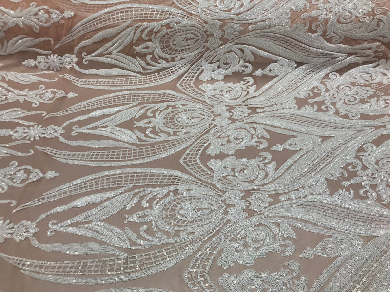 White Sequin, Blush Mesh Damask Design - 4 Way Stretch Sequin Fabric on a Spandex Mesh-Prom-Gown By The Yard