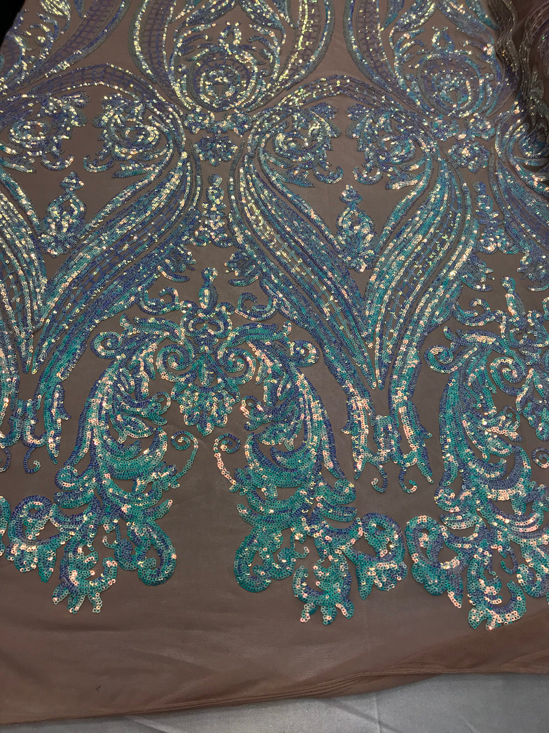 Sequins Fabric - Iridescent Aqua - Damask Design 4 Way Stretch Sequin Fabric By The Yard