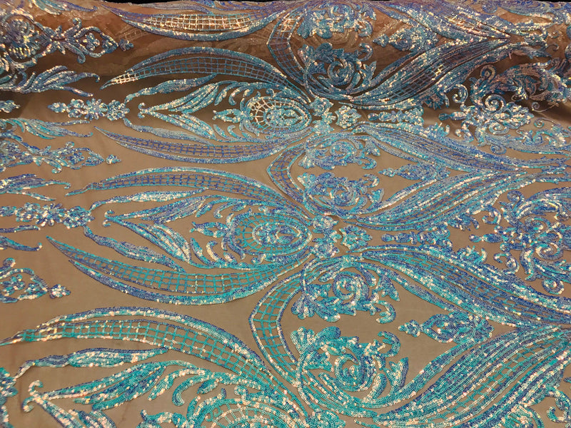 Sequins Fabric - Iridescent Aqua - Damask Design 4 Way Stretch Sequin Fabric By The Yard
