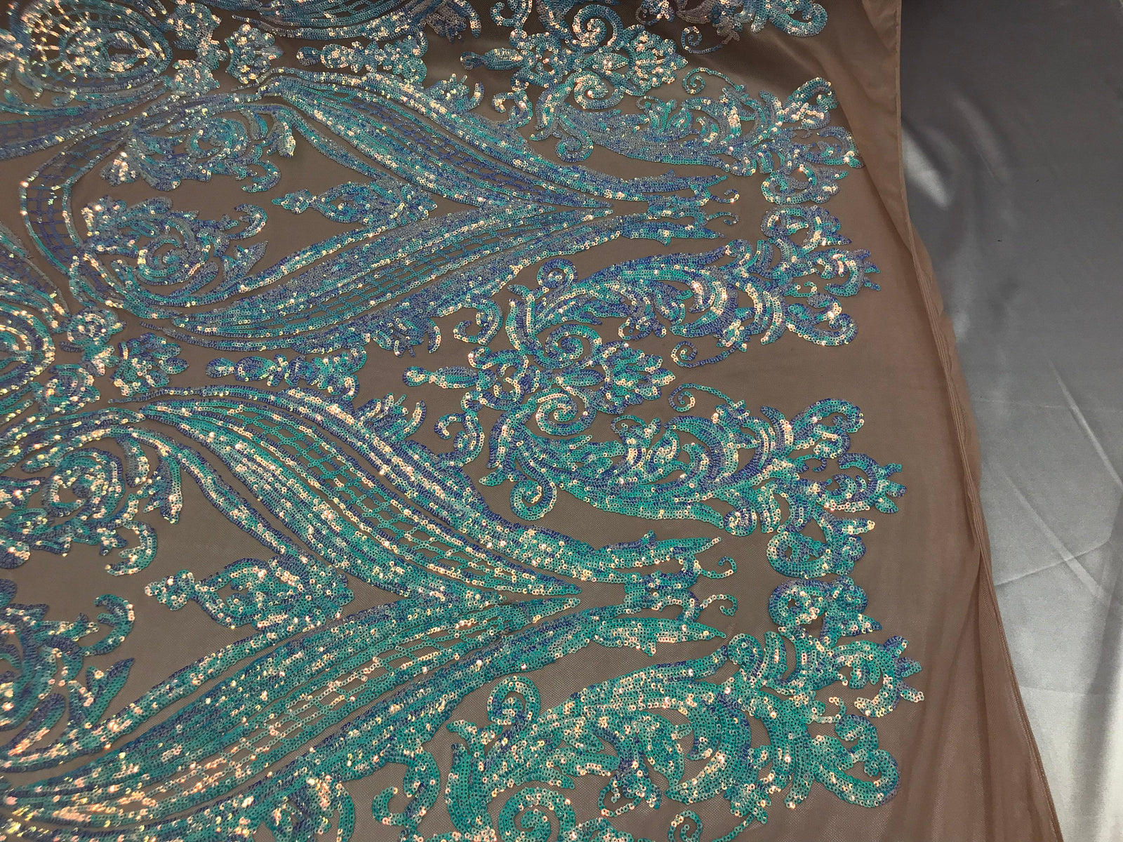Sequins Fabric - Iridescent Aqua - Damask Design 4 Way Stretch Sequin