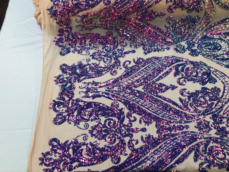 Iridescent Lavander Sequins Fabric, Damask Design 4 Way Stretch Sequin Fabric on a Spandex Mesh-Prom-Gown By The Yard