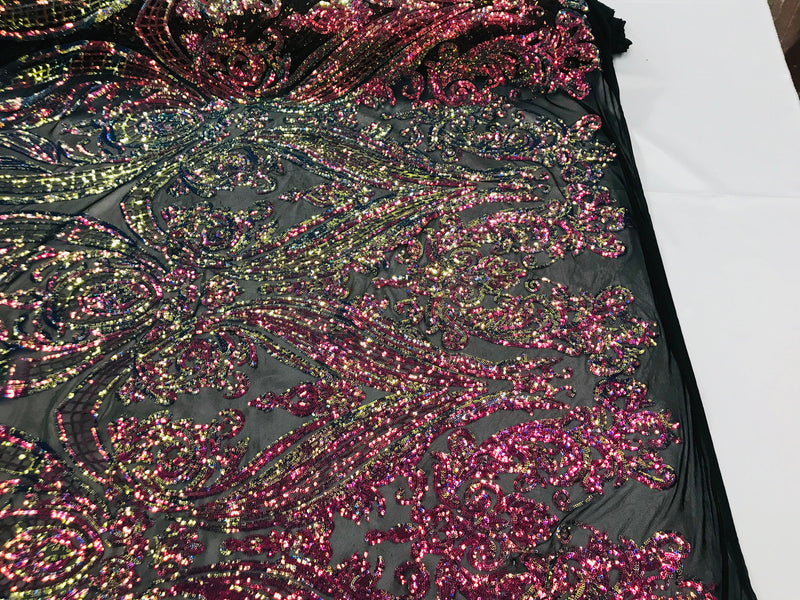 Iridescent Rainbow Sequins Fabric, Damask Design 4 Way Stretch Sequin Fabric on a Spandex Mesh-Prom-Gown By The Yard