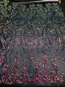 Iridescent Rainbow Sequins Fabric, Damask Design 4 Way Stretch Sequin Fabric on a Spandex Mesh-Prom-Gown By The Yard