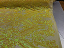 Iridescent Yellow Sequins Fabric, Damask Design 4 Way Stretch Sequin Fabric on a Spandex Mesh-Prom-Gown By The Yard