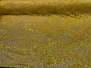 Iridescent Yellow Sequins Fabric, Damask Design 4 Way Stretch Sequin Fabric on a Spandex Mesh-Prom-Gown By The Yard