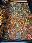 Iridescent Orange Sequins Fabric, Damask Design 4 Way Stretch Sequin Fabric on a Black Spandex Mesh-Prom-Gown By The Yard
