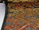 Iridescent Orange Sequins Fabric, Damask Design 4 Way Stretch Sequin Fabric on a Black Spandex Mesh-Prom-Gown By The Yard