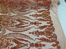 Iridescent Orange Sequins Fabric, Damask Design 4 Way Stretch Sequin Fabric on a Nude Spandex Mesh-Prom-Gown By The Yard