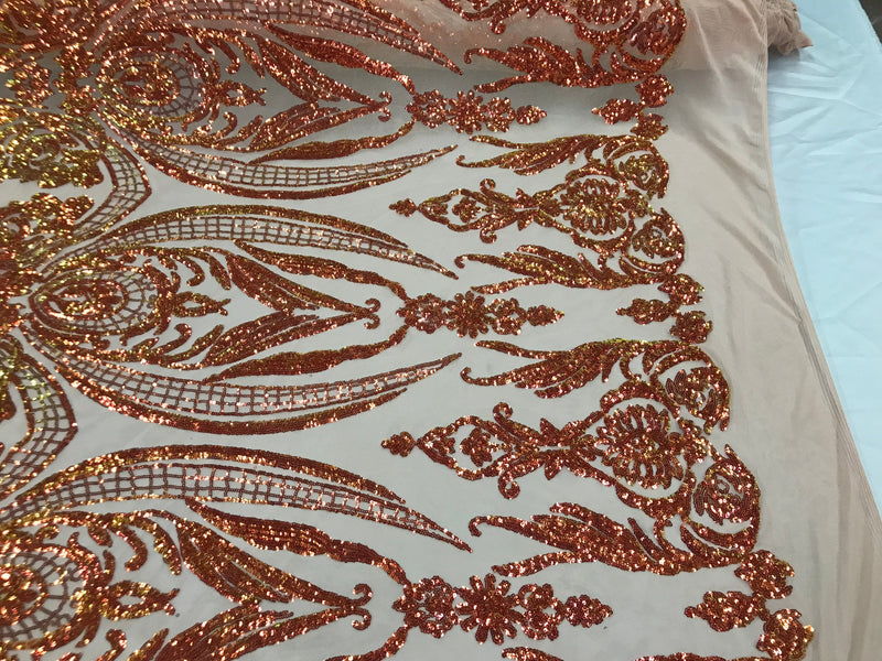 Iridescent Orange Sequins Fabric, Damask Design 4 Way Stretch Sequin Fabric on a Nude Spandex Mesh-Prom-Gown By The Yard