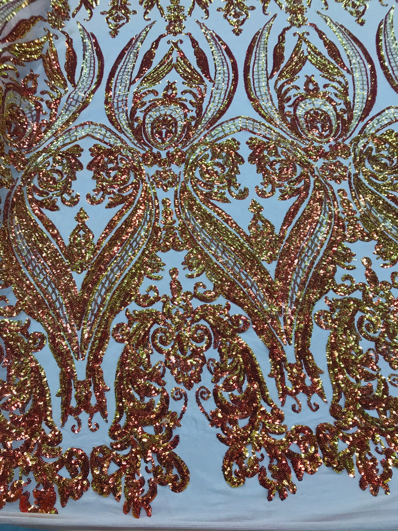 Iridescent Orange Sequins Fabric, Damask Design 4 Way Stretch Sequin Fabric on a Nude Spandex Mesh-Prom-Gown By The Yard