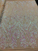 Iridescent Pink Sequins Fabric, Damask Design 4 Way Stretch Sequin Fabric on a Nude Spandex Mesh-Prom-Gown By The Yard