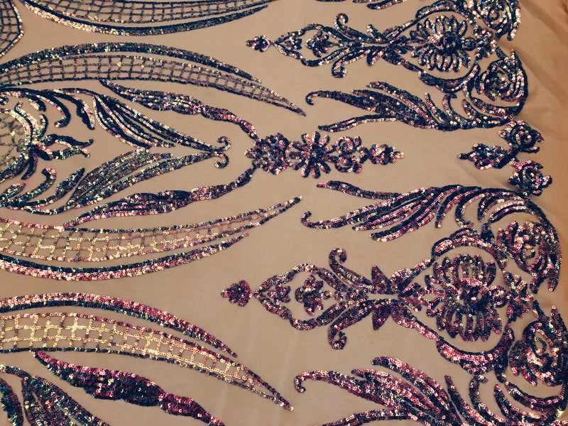 Iridescent Lavender Sequins Fabric, Damask Design 4 Way Stretch Sequin Fabric on Skin  Mesh-Prom-Gown By The Yard