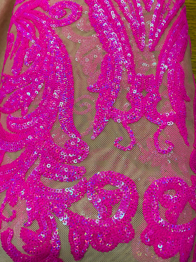 Neon Pink Sequins Fabric, Skin Mesh - Damask Design 4 Way Stretch Sequin Fabric on a Mesh-Prom-Gown By The Yard