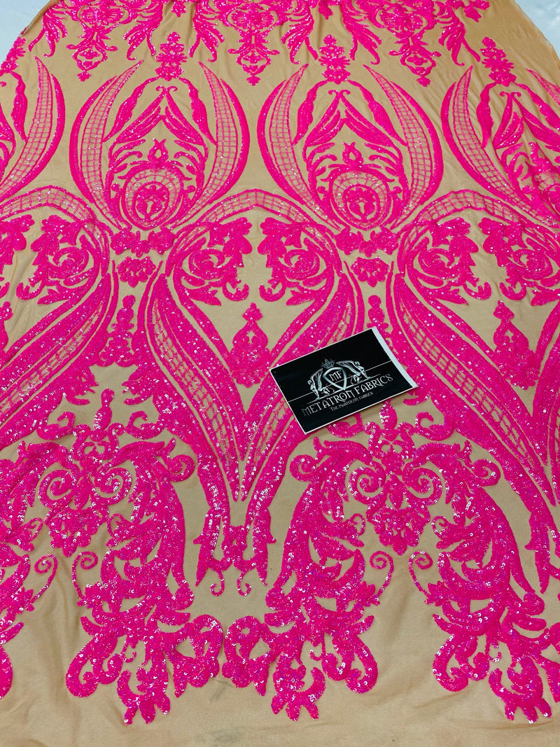 Neon Pink Sequins Fabric, Skin Mesh - Damask Design 4 Way Stretch Sequin Fabric on a Mesh-Prom-Gown By The Yard