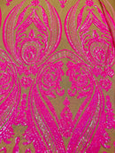 Neon Pink Sequins Fabric, Skin Mesh - Damask Design 4 Way Stretch Sequin Fabric on a Mesh-Prom-Gown By The Yard