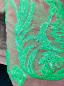 Neon Green Sequins Fabric, Skin Mesh - Damask Design 4 Way Stretch Sequin Fabric on a Mesh-Prom-Gown By The Yard