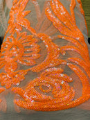 Neon Orange Sequins Fabric, Skin Mesh - Damask Design 4 Way Stretch Sequin Fabric on a Mesh-Prom-Gown By The Yard