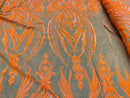 Neon Orange Sequins Fabric, Skin Mesh - Damask Design 4 Way Stretch Sequin Fabric on a Mesh-Prom-Gown By The Yard