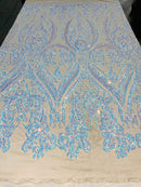 Aqua iridescent Sequins Fabric, Lt Nude Mesh - Damask Design 4 Way Stretch Sequin Fabric on a Mesh-Prom-Gown By The Yard