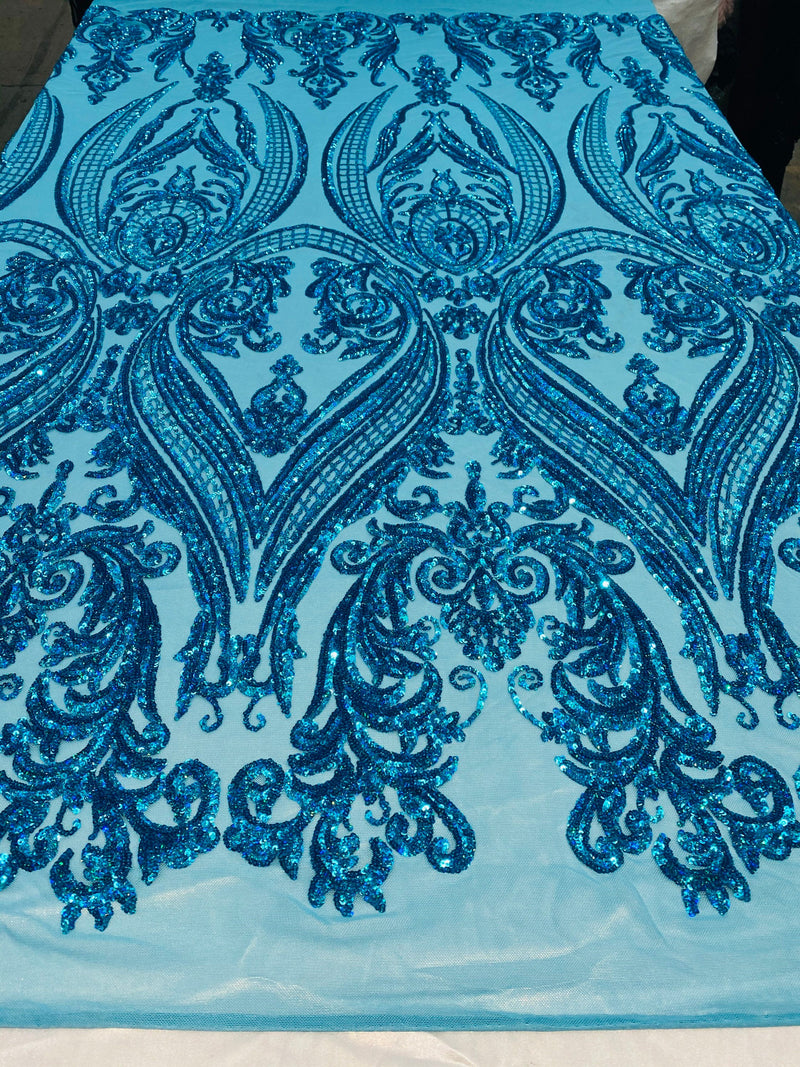 Turquoise iridescent Sequins Fabric - Damask Design 4 Way Stretch Sequin Fabric on a Mesh-Prom-Gown By The Yard