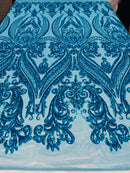 Turquoise iridescent Sequins Fabric - Damask Design 4 Way Stretch Sequin Fabric on a Mesh-Prom-Gown By The Yard