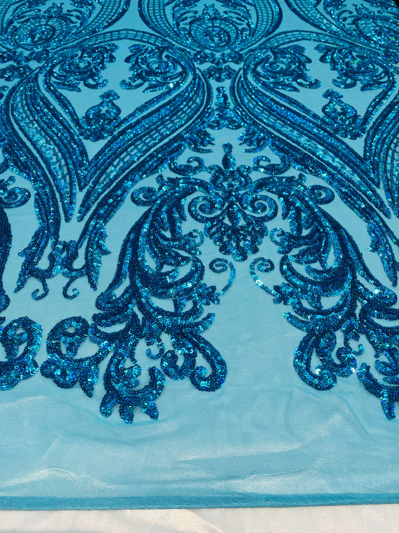 Turquoise iridescent Sequins Fabric - Damask Design 4 Way Stretch Sequin Fabric on a Mesh-Prom-Gown By The Yard