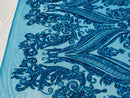 Turquoise iridescent Sequins Fabric - Damask Design 4 Way Stretch Sequin Fabric on a Mesh-Prom-Gown By The Yard