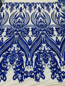 Royal Blue Embroidered Sequins Fabric, Damask Design 4 Way Stretch Sequin Fabric Lt Nude Mesh-Prom-Gown By The Yard