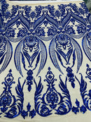 Royal Blue Embroidered Sequins Fabric, Damask Design 4 Way Stretch Sequin Fabric Lt Nude Mesh-Prom-Gown By The Yard