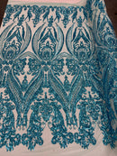 Turquoise Sequins Fabric, Lt Blue Mesh Damask Design 4 Way Stretch Sequin Fabric Mesh-Prom-Gown By The Yard
