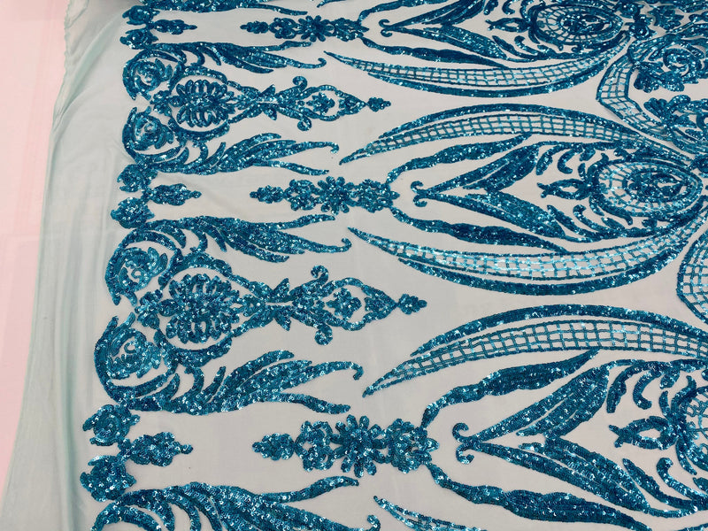 Turquoise Sequins Fabric, Lt Blue Mesh Damask Design 4 Way Stretch Sequin Fabric Mesh-Prom-Gown By The Yard