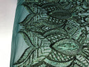 Hunter Green Sequin Fabric, Royalty Design Embroidered With Sequin on a 4 Way Stretch Sequin Fabric Mesh-Prom-Gown By The Yard