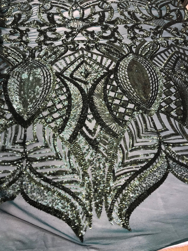 Hunter Green Sequin Fabric, Royalty Design Embroidered With Sequin on a 4 Way Stretch Sequin Fabric Mesh-Prom-Gown By The Yard